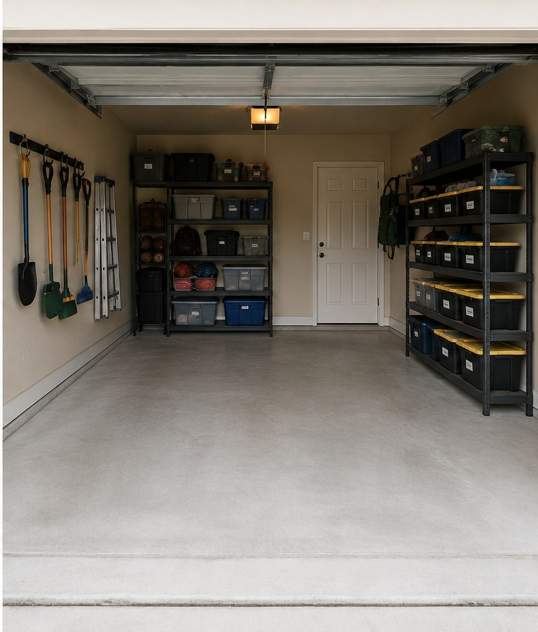 Organized garage with epoxy floor, cabinets and labeled bins after a ClearVive Garage