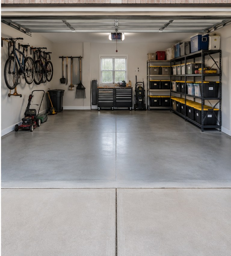 Organized garage with epoxy floor, cabinets and labeled bins after a ClearVive Garage