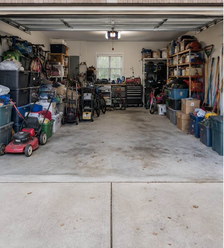 Cluttered garage filled with boxes and loose items before a ClearVive Garage