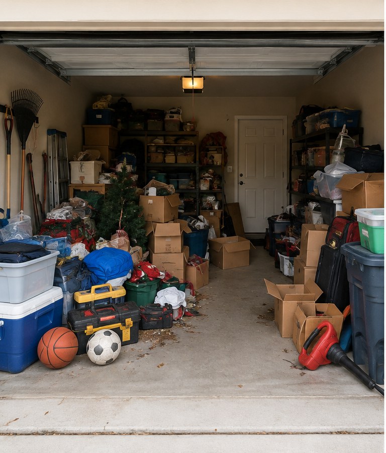 Cluttered garage filled with boxes and loose items before a ClearVive Garage