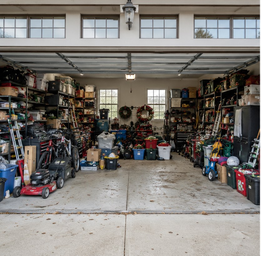 Cluttered garage filled with boxes and loose items before a ClearVive Garage