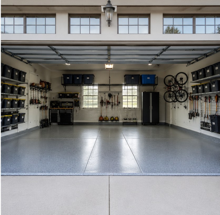 Organized garage with epoxy floor, cabinets and labeled bins after a ClearVive Garage